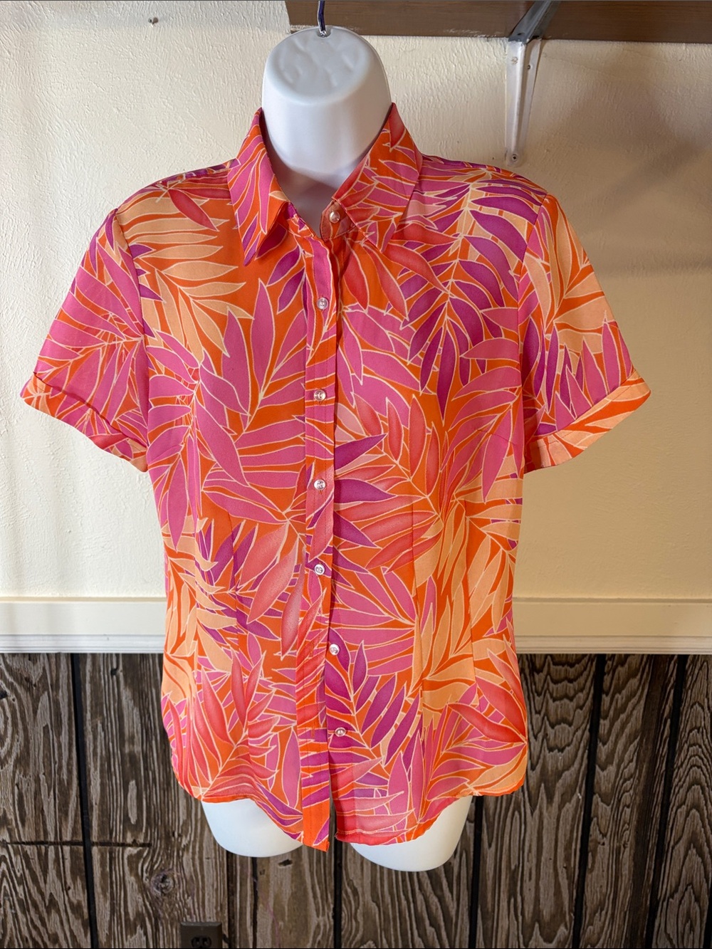 Haggar Pink and Orange Printed Short-Sleeve Blouse